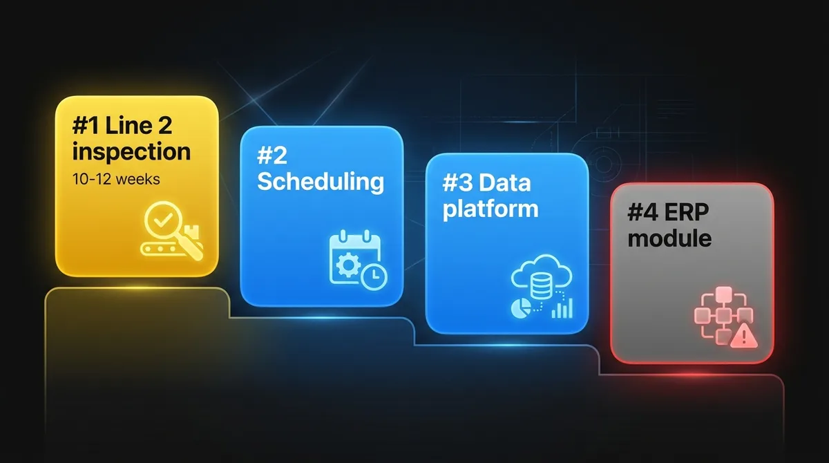Example ranking at a metal fabricator: Line 2 inspection first, scheduling second, data platform third scoped to scheduling, ERP module fourth
