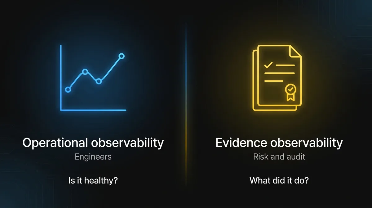 Operational observability for engineers asks whether the system is healthy, while evidence observability for risk and audit asks what the system did for each decision