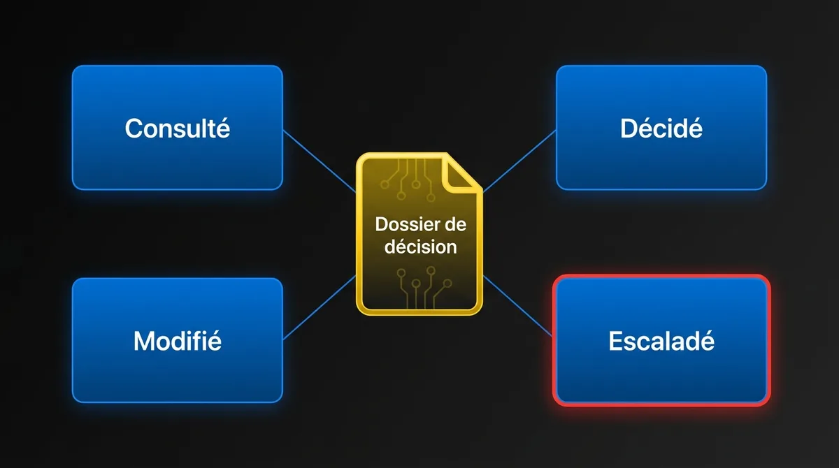 Diagramme montrant les quatre questions auxquelles répond chaque dossier de décision d’IA : ce qu’il a consulté, décidé, modifié et escaladé