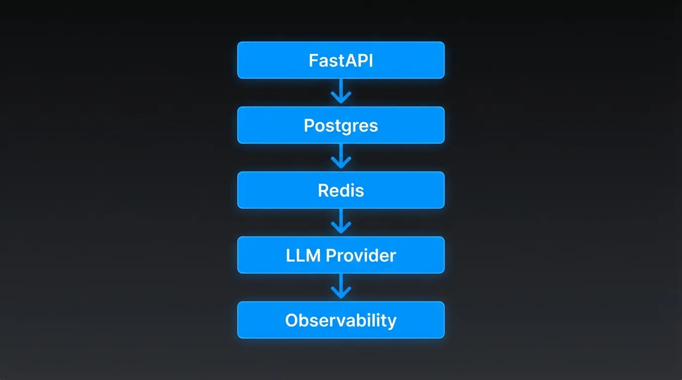 Simple custom stack architecture: FastAPI, Postgres, Redis, LLM Provider, Observability