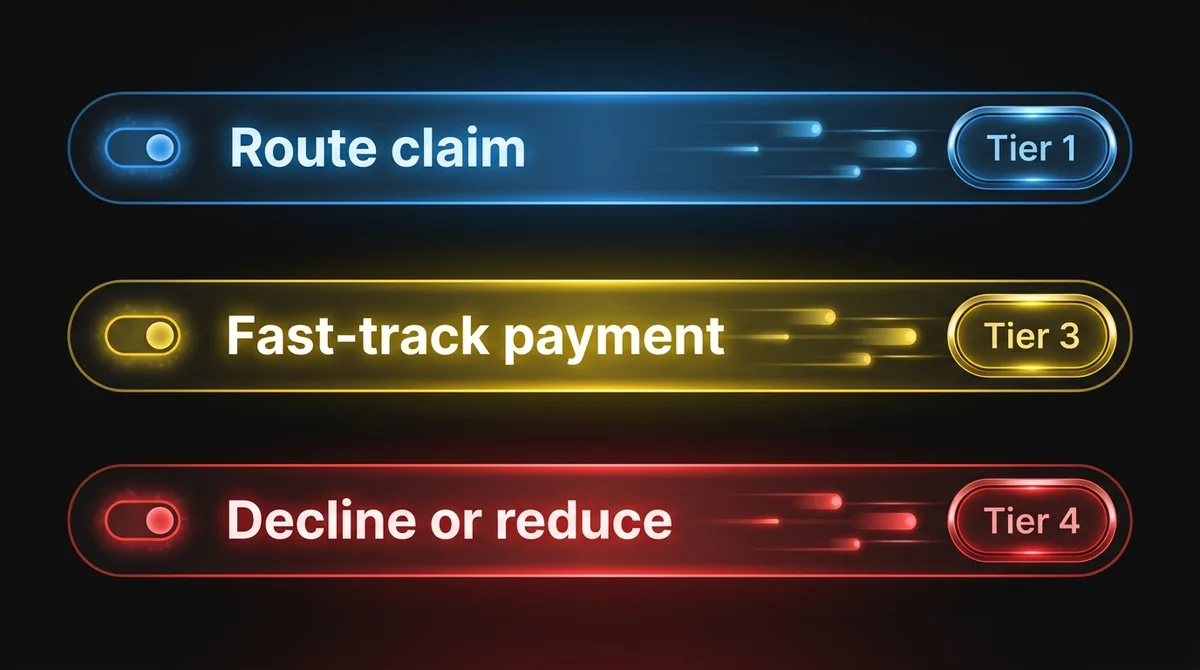 Claims triage redesign: classify and route at tier 1, fast-track payment at tier 3, decline or reduce at tier 4, with a pause switch per claim type
