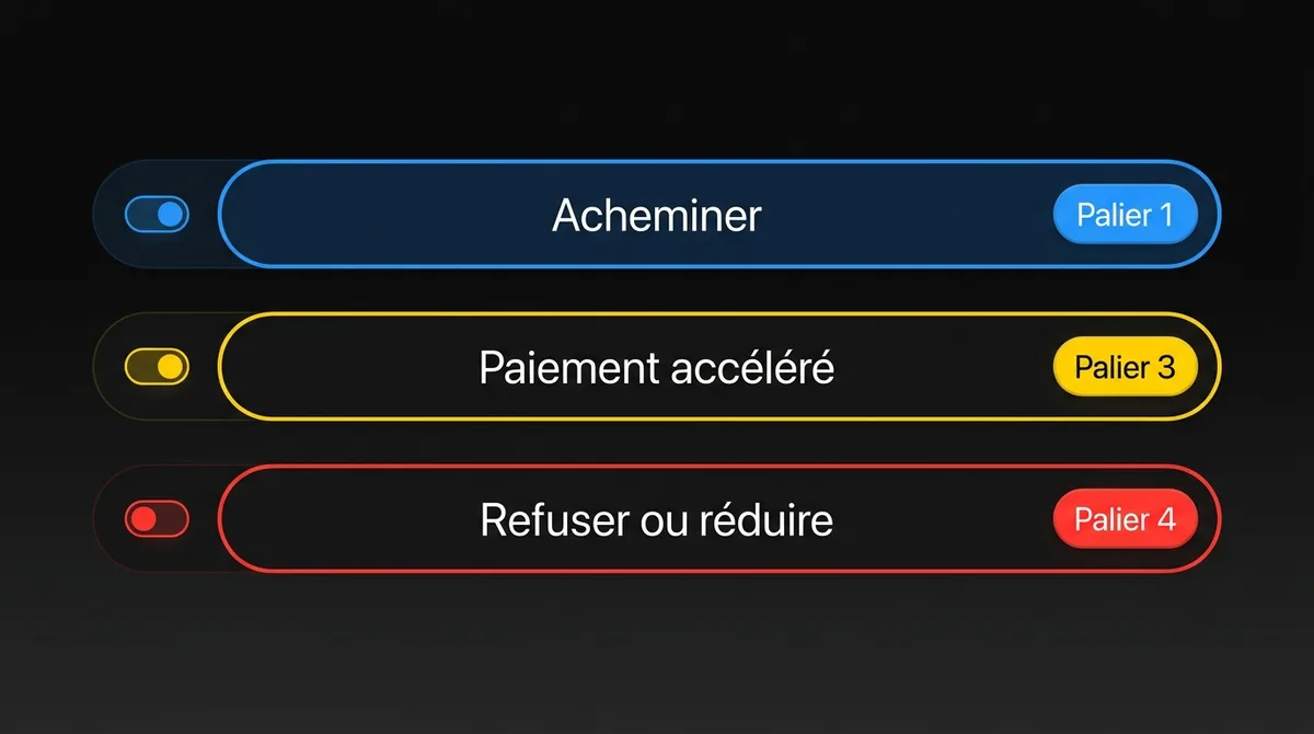 Diagramme montrant la refonte du triage des réclamations : classer et acheminer au palier 1, paiement accéléré au palier 3, refuser ou réduire au palier 4, avec un interrupteur par type de réclamation