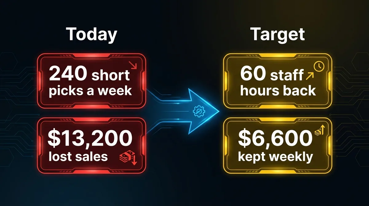 BOPIS short pick example: 240 incidents a week cost 80 staff hours and $13,200 in lost sales; the target is under 5 minutes per incident, 60 hours back and $6,600 a week kept
