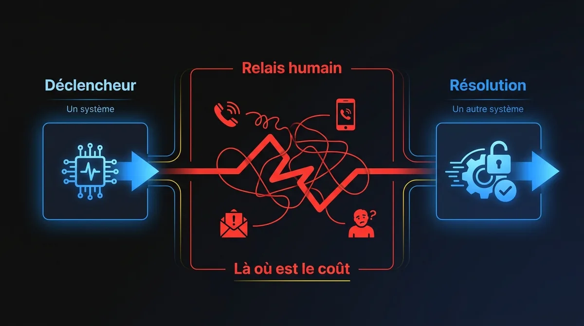 Diagramme montrant une friction en commerce de détail : un déclencheur dans un système, un relais humain manuel entre des équipes et une résolution dans un autre système, le relais étant l’endroit où se trouve le coût