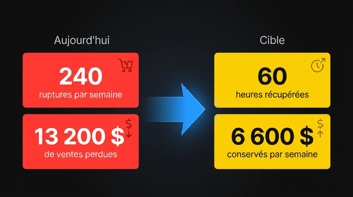 Diagramme montrant l’exemple des ruptures en cueillette : 240 incidents par semaine coûtent 80 heures et 13 200 $ de ventes perdues; la cible est moins de 5 minutes par incident, 60 heures récupérées et 6 600 $ conservés par semaine