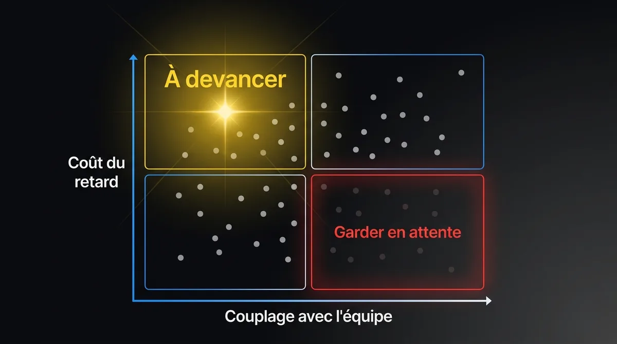 Diagramme montrant une grille deux par deux du coût du retard selon le couplage avec l’équipe principale, avec le quadrant coût élevé et faible couplage marqué comme la fonction à devancer
