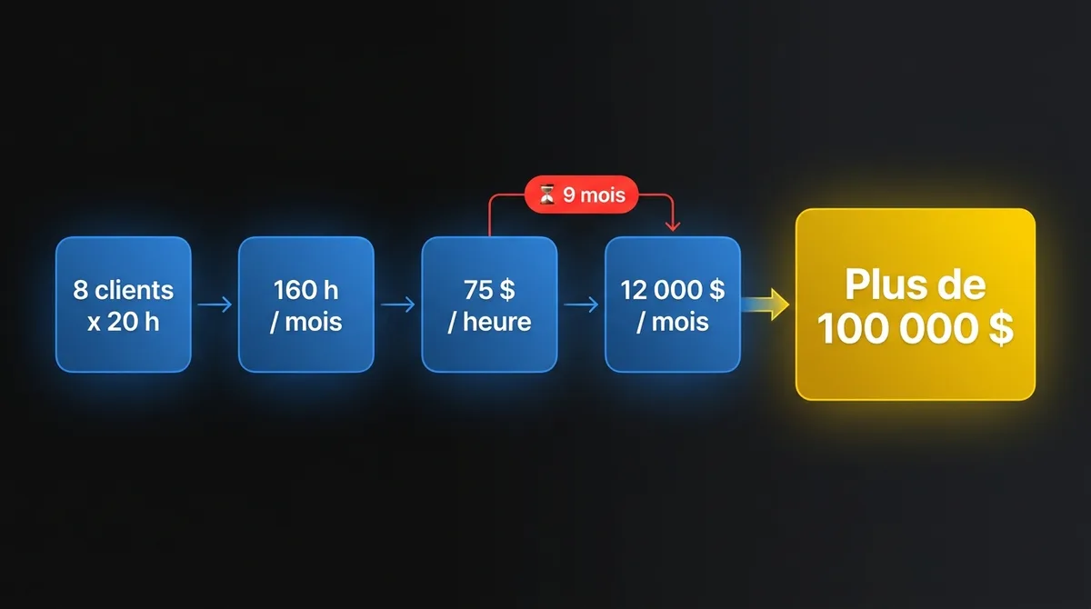 Diagramme montrant l’exemple d’importation assistée par IA : 8 clients par mois fois 20 heures donnent 160 heures, à 75 $ l’heure c’est 12 000 $ par mois, et neuf mois d’attente coûtent plus de 100 000 $