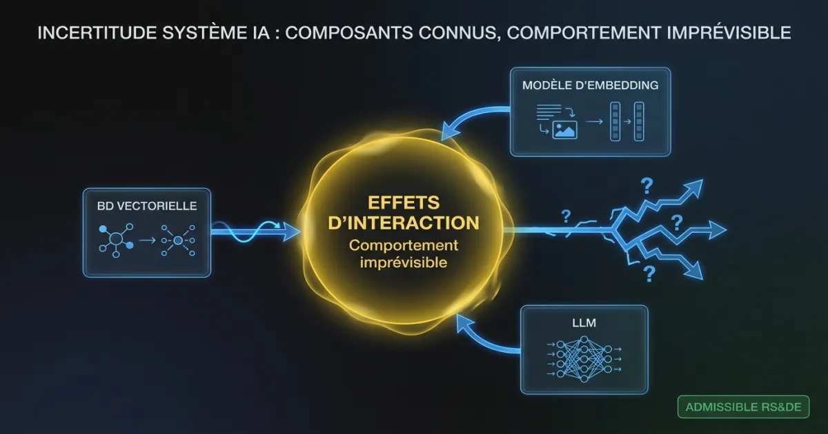 Diagramme de l'incertitude au niveau système où des composants IA connus interagissent pour produire un comportement imprévisible