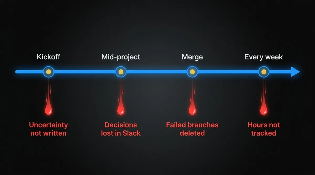 Timeline of a software sprint showing where SR&ED evidence leaks: undocumented uncertainty at kickoff, decisions lost in Slack mid-project, failed branches deleted at merge, and untracked hours every week