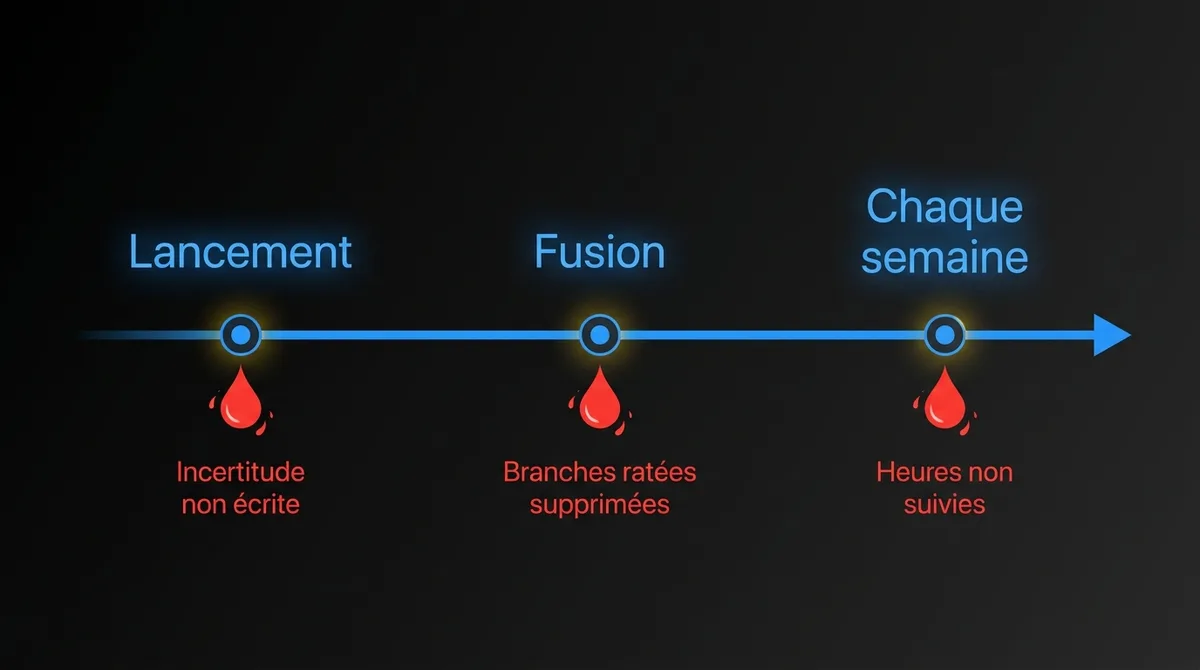 Diagramme montrant les fuites de preuve de RS&DE pendant un sprint : incertitude non écrite au lancement, branches ratées supprimées à la fusion et heures non suivies chaque semaine