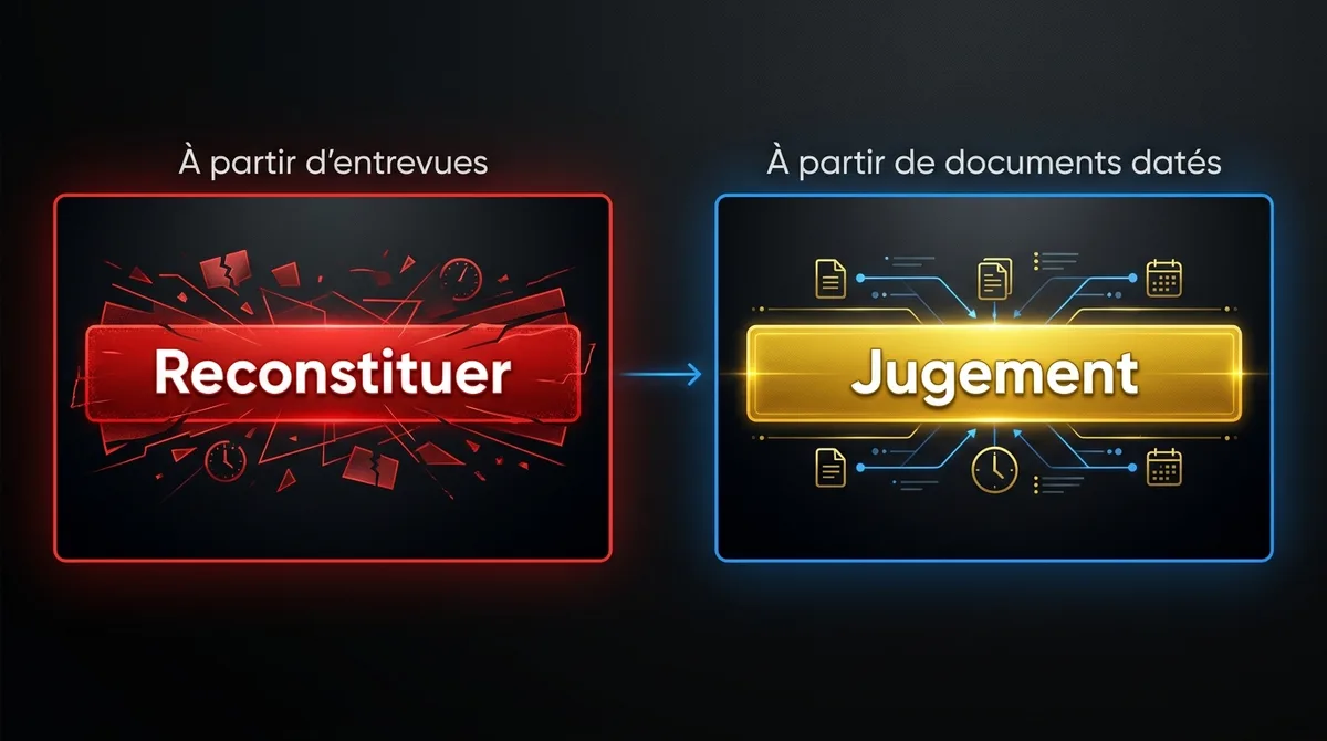 Diagramme comparant les heures d’un conseiller en RS&DE : à partir d’entrevues, il reconstitue le passé; à partir de documents datés, il exerce son jugement sur l’admissibilité et la présentation