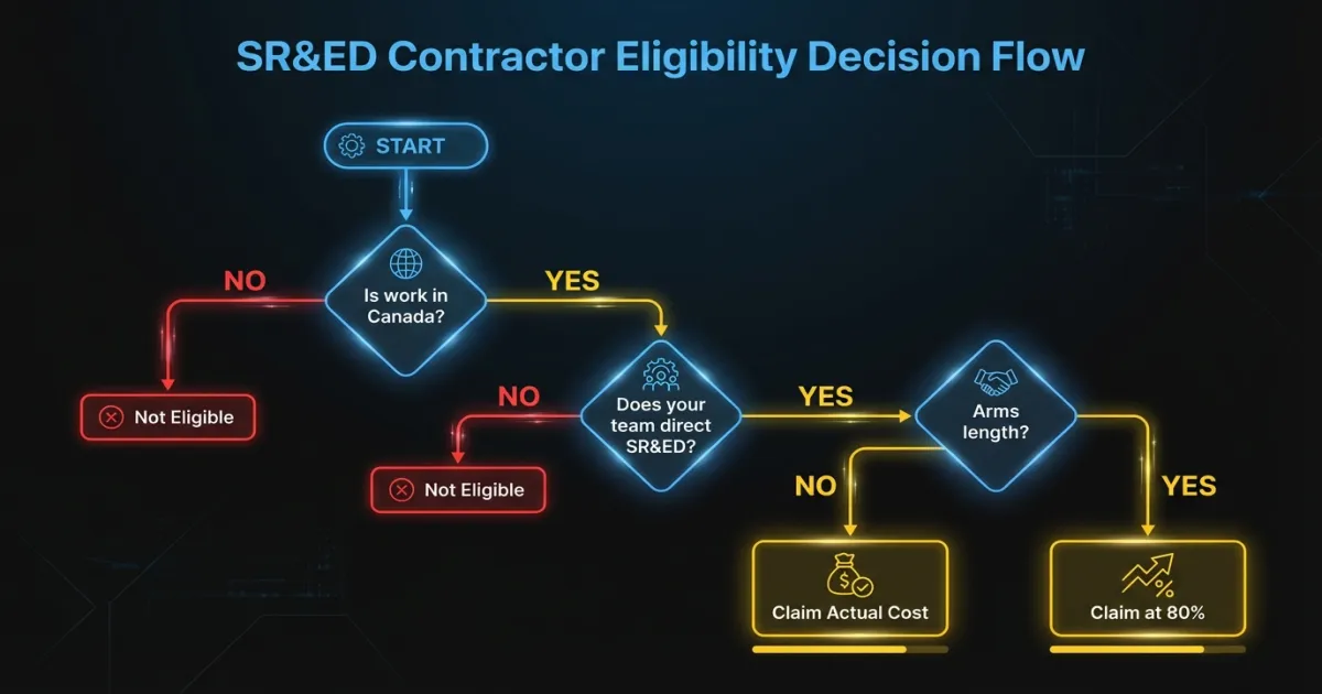 Decision flowchart for determining SR&ED eligibility of contractor work based on location and control