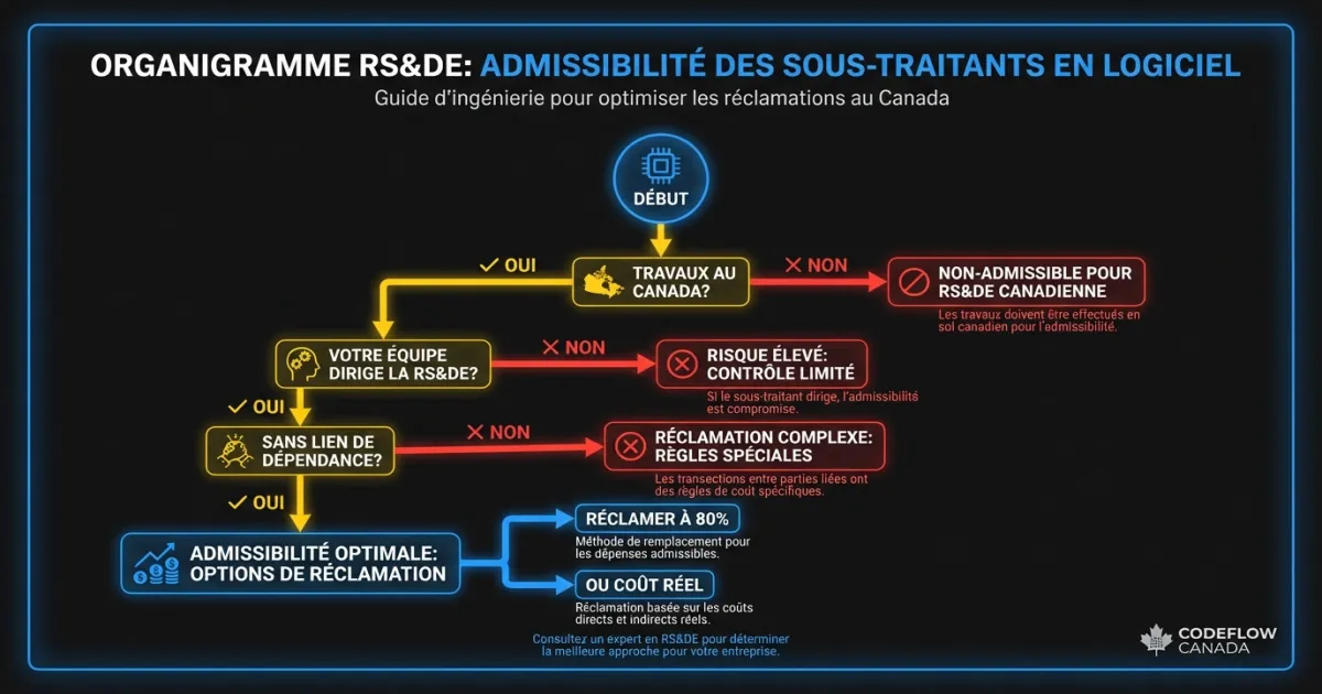 Organigramme de décision pour déterminer l'admissibilité RS&DE des travaux de sous-traitants selon l'emplacement et le contrôle