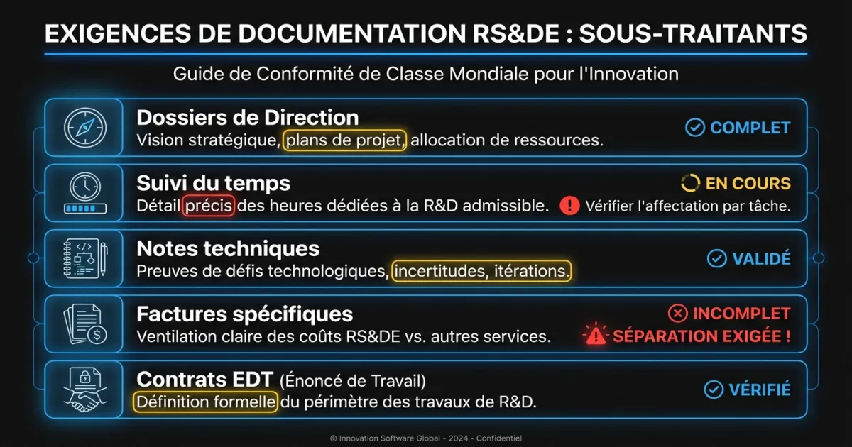 Exigences clés de documentation pour les demandes RS&DE de sous-traitants selon les attentes de l'ARC