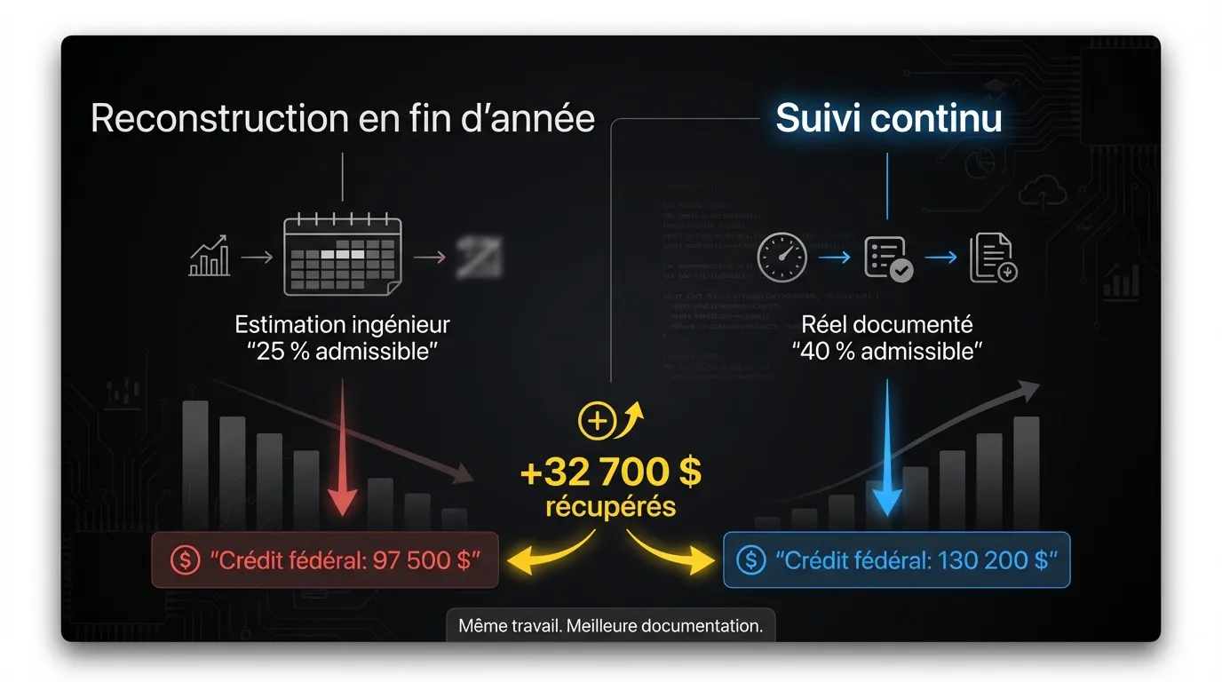 Comparaison des approches de documentation : reconstruction en fin d'année à 25 % admissible vs suivi continu à 40 % admissible—l'écart de crédit pour le même travail