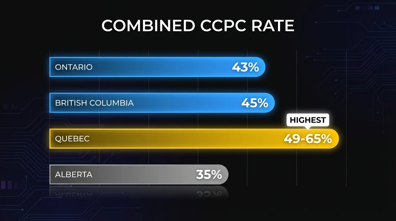 Combined SR&ED credit rates by province for CCPCs: Ontario 43%, BC 45%, Quebec 49-65%, Alberta 35%