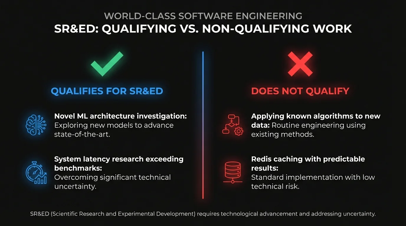 Qualifying vs non-qualifying SR&ED work: Novel ML architecture investigation and latency research qualify; applying known algorithms and Redis caching do not