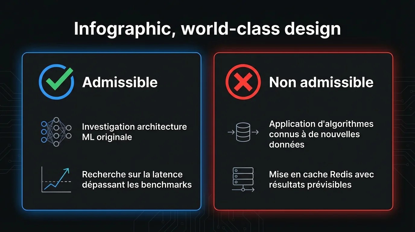 Travaux RS&DE admissibles vs non admissibles : l'investigation d'architecture ML originale et la recherche sur la latence sont admissibles; l'application d'algorithmes connus et la mise en cache Redis ne le sont pas