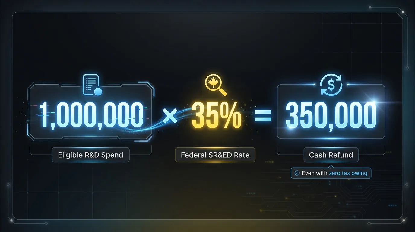 CCPC refundable SR&ED credit: $1M in eligible R&D expenditures multiplied by 35% equals $350,000 cash refund