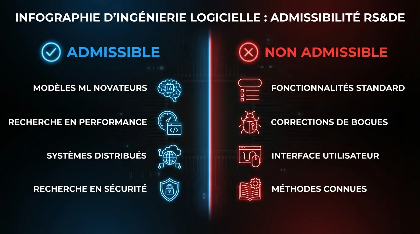 Spectre d'admissibilité RS&DE pour les équipes de développement logiciel : travaux admissibles à gauche (modèles ML novateurs, systèmes distribués, recherche en performance, recherche en sécurité) versus travaux non admissibles à droite (fonctionnalités standard, corrections de bogues, interface utilisateur, méthodes connues)