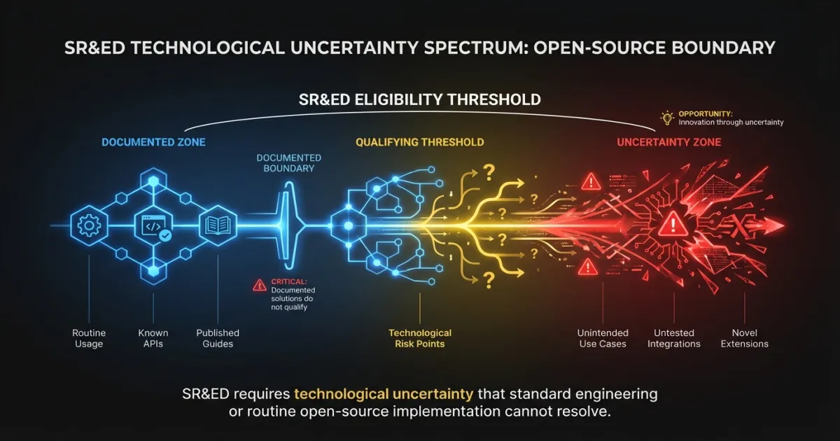 Diagram showing the boundary between documented open-source usage and SR&ED-qualifying uncertainty
