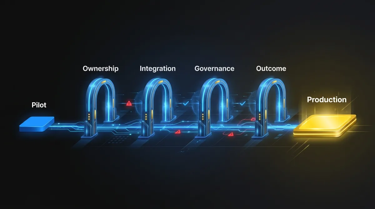 The four production gates an AI pilot must pass: ownership, integration, governance and outcome