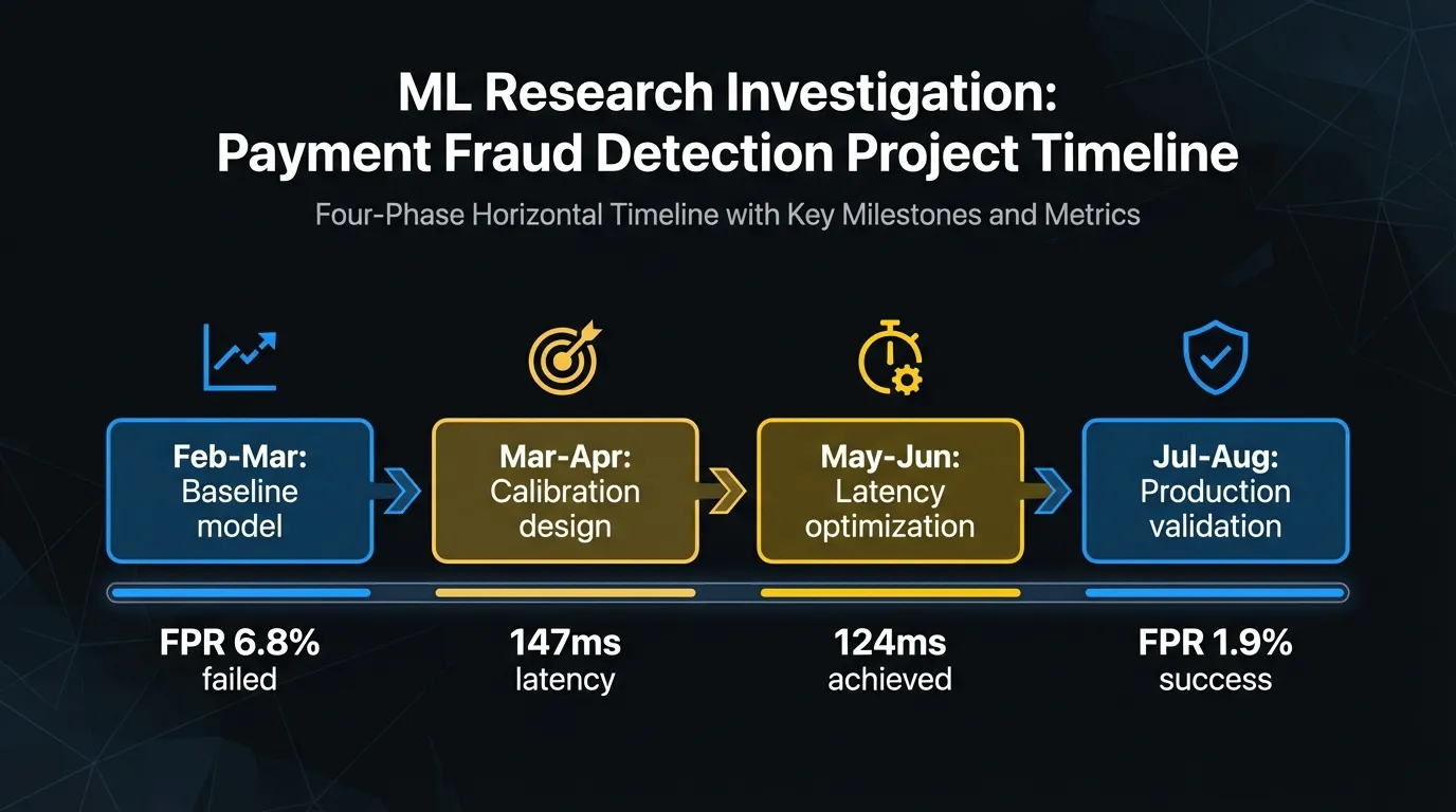 Veltro's four-phase investigation timeline from baseline model through production validation