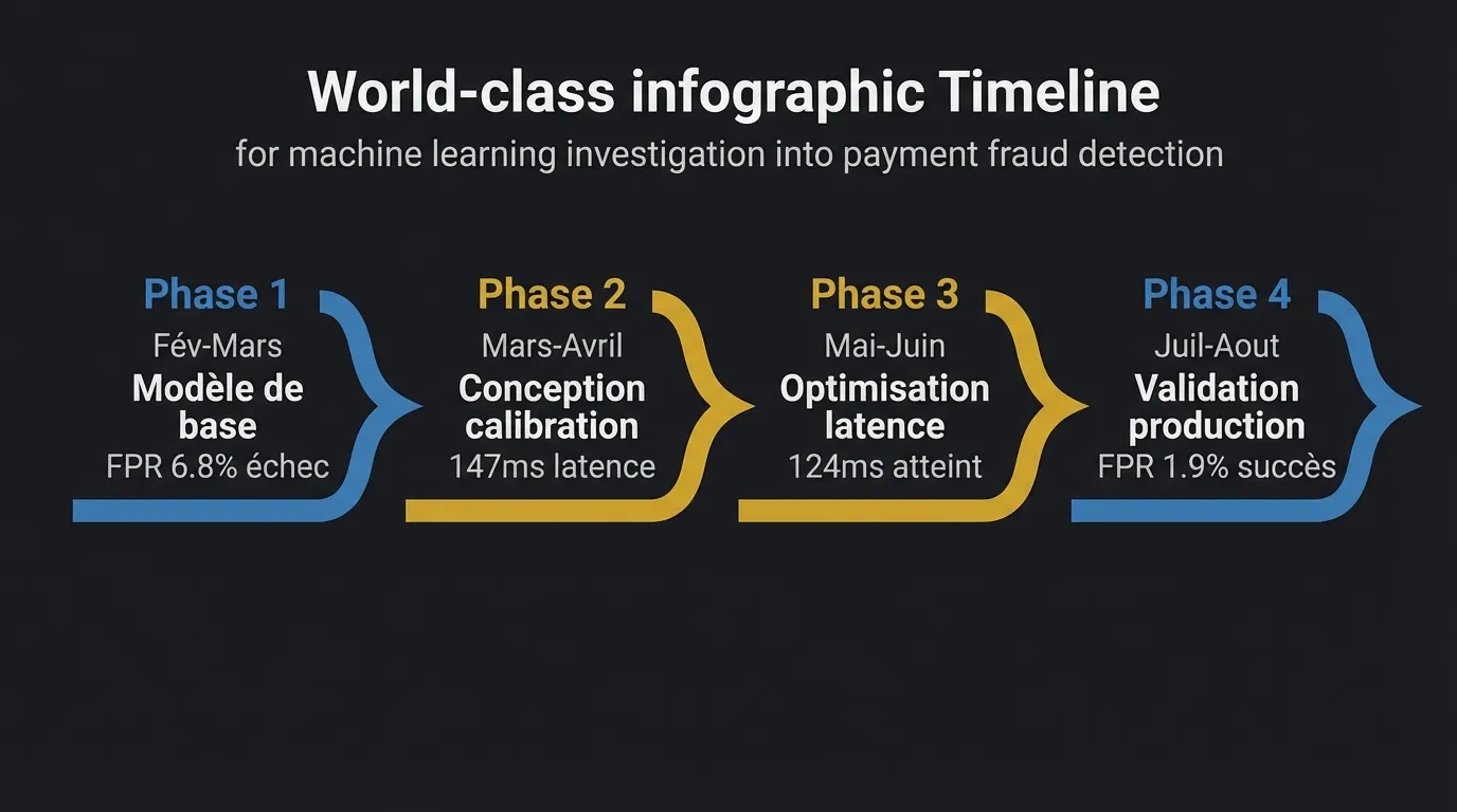 Chronologie d'investigation en quatre phases de Veltro, du modèle de base à la validation en production