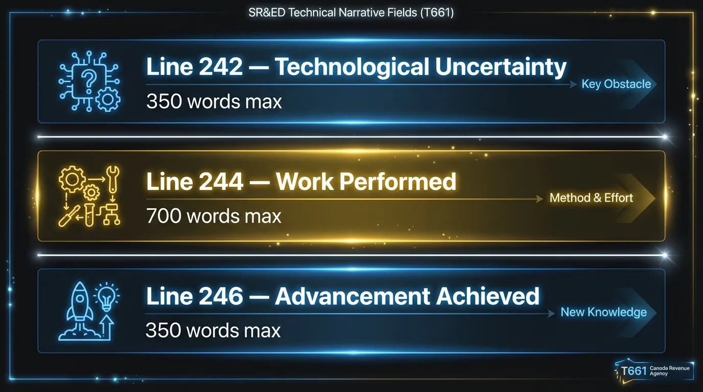 The three T661 technical narrative fields: Line 242 technological uncertainty (350 words), Line 244 work performed (700 words), and Line 246 advancement achieved (350 words)